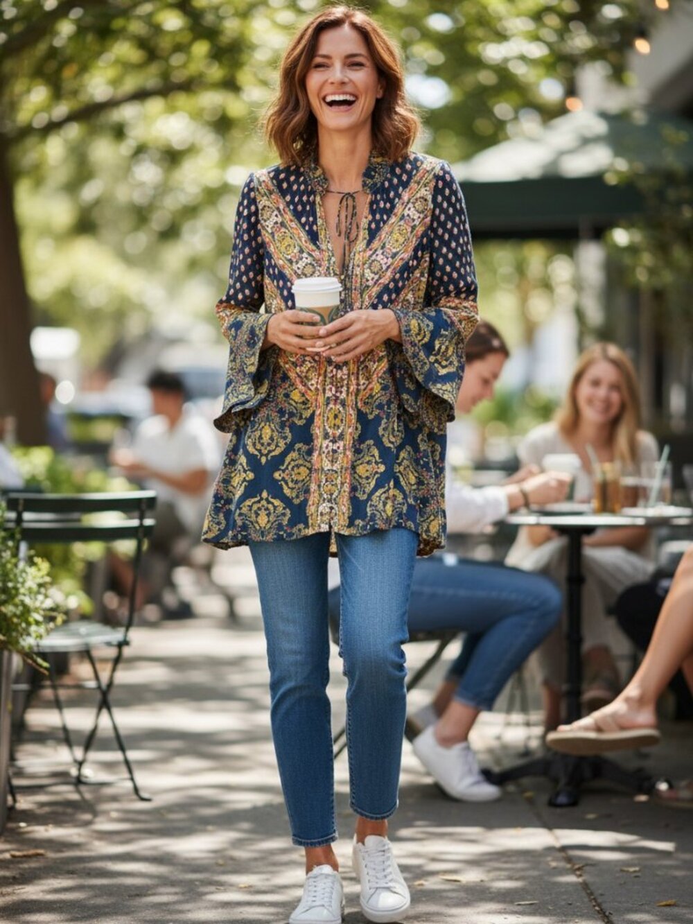 Chico Parula Mixed Print Boho Blouse | Bell Sleeve Tunic | Navy & Gold
